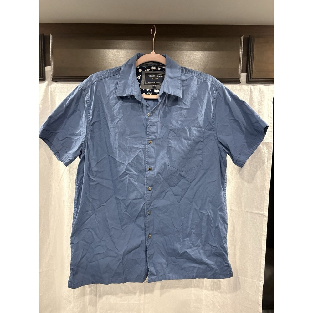 Nickel & Iron New York Mens Medium Blue Short Sleeve Button Up Shirt 100% Cotton